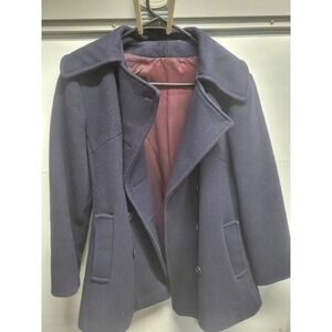 Vintage Navy Blue Wool Blend Double Breasted Pea Coat Burgundy Lining Small USA